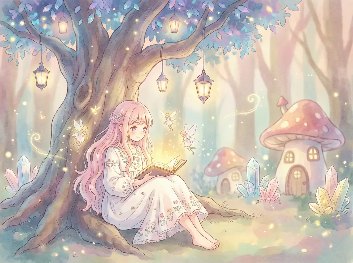 自慰小说 - 魔法森林中阅读故事书的粉发少女与精灵